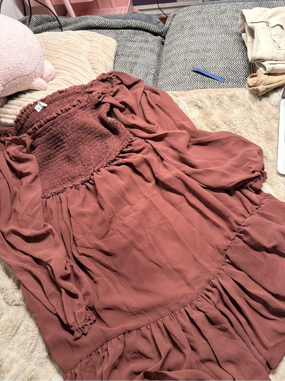 Smocked Off-Shoulder Maxi Dress in Dusty Rose